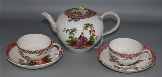 A Meissen four-piece part tea service, decorated Watteauesque scenes